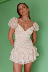Annabella Puff Sleeve Tied Back Frill Hem Dress Floral Print Orange