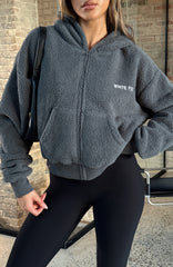 Always First Teddy Borg Boxy Zip Front Hoodie Charcoal