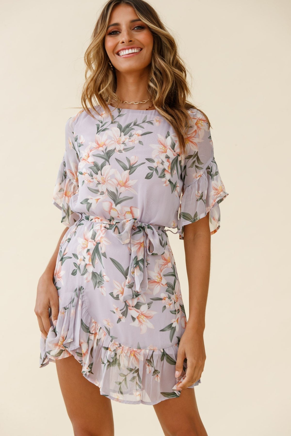 Azealia Ruffle Hem Dress Flower Print Purple