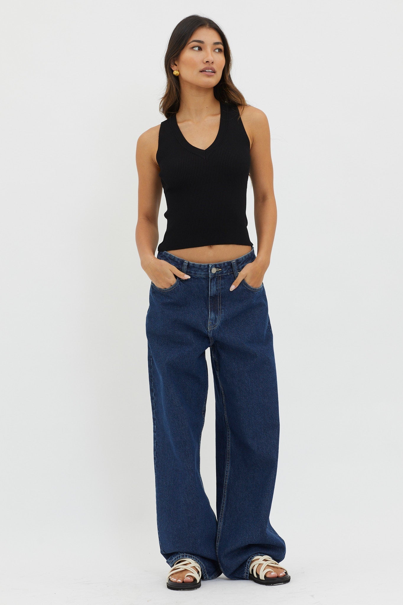 D'Lila V-Neck Ribbed Knit Top Black