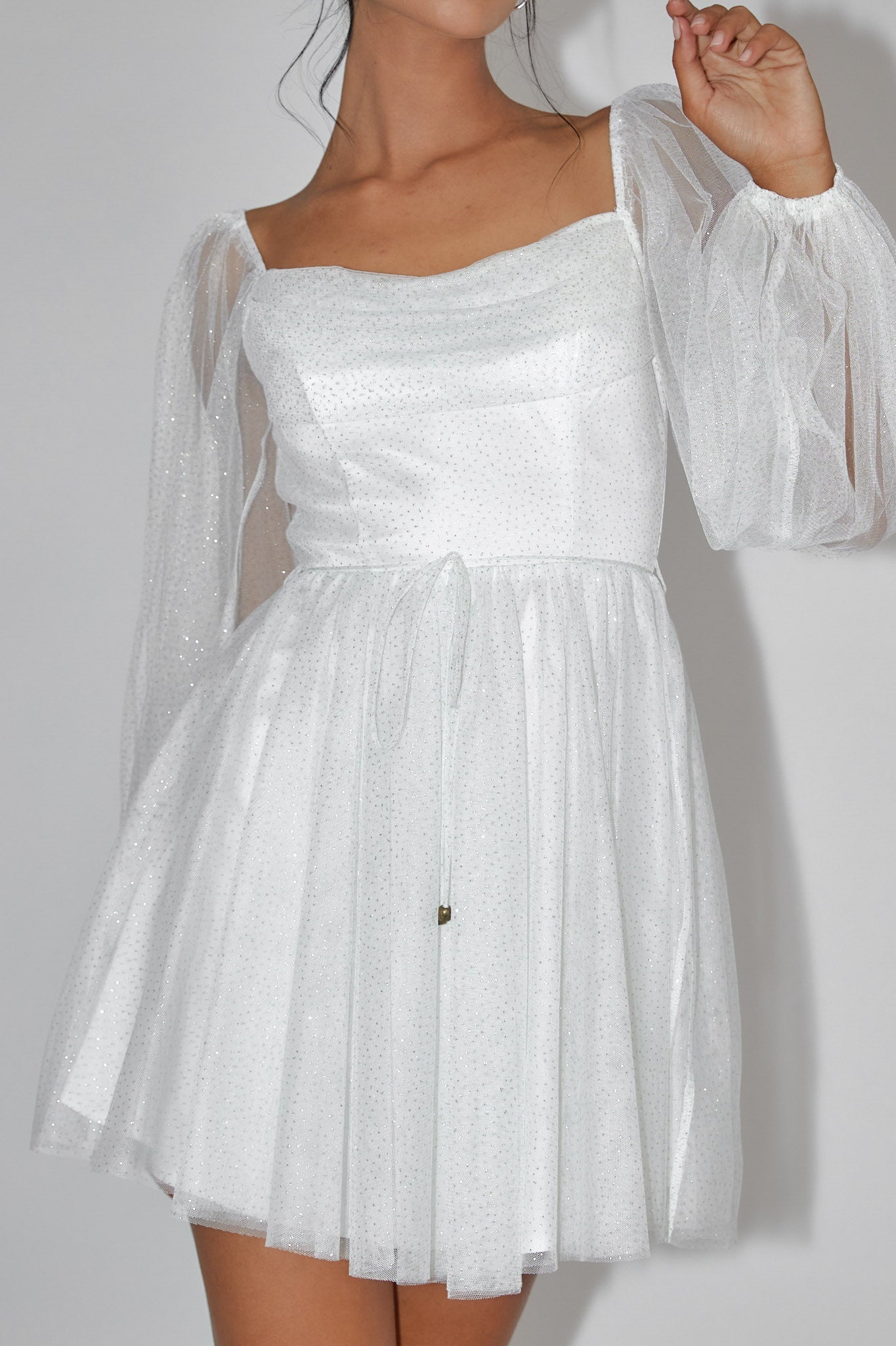 Fairytale Dream Pleat Neckline Mini Dress Sparkle White/Gold