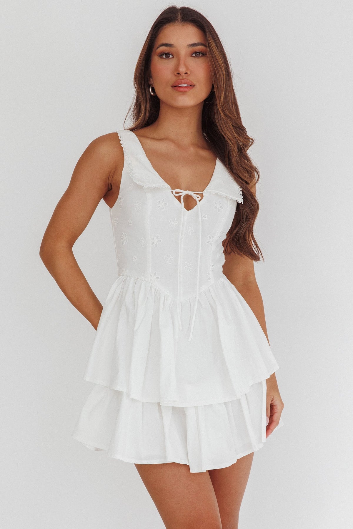 Corella Tied Bust Layered Hem Mini Dress White