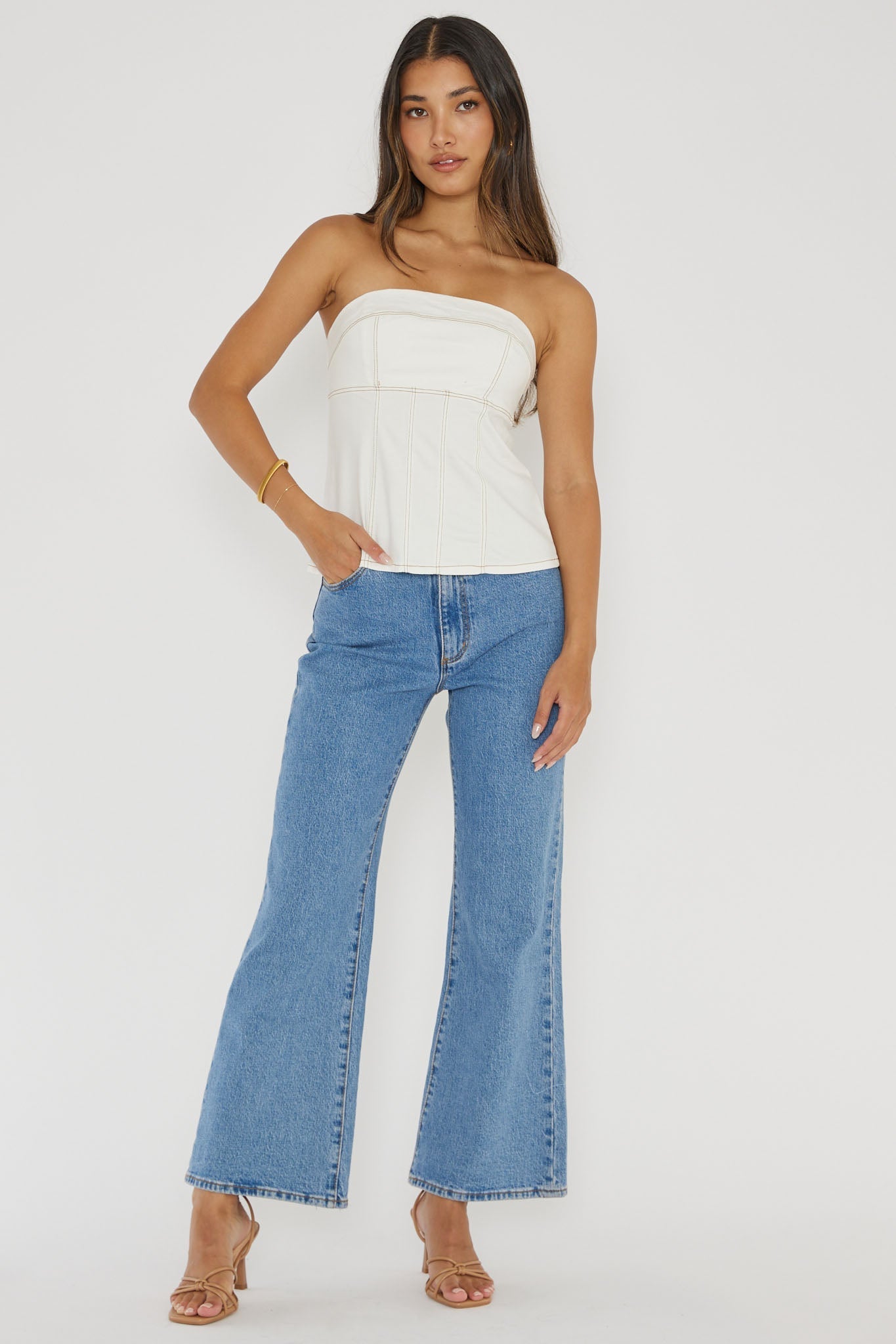 Cathlin Contrast Stitching Strapless Top White