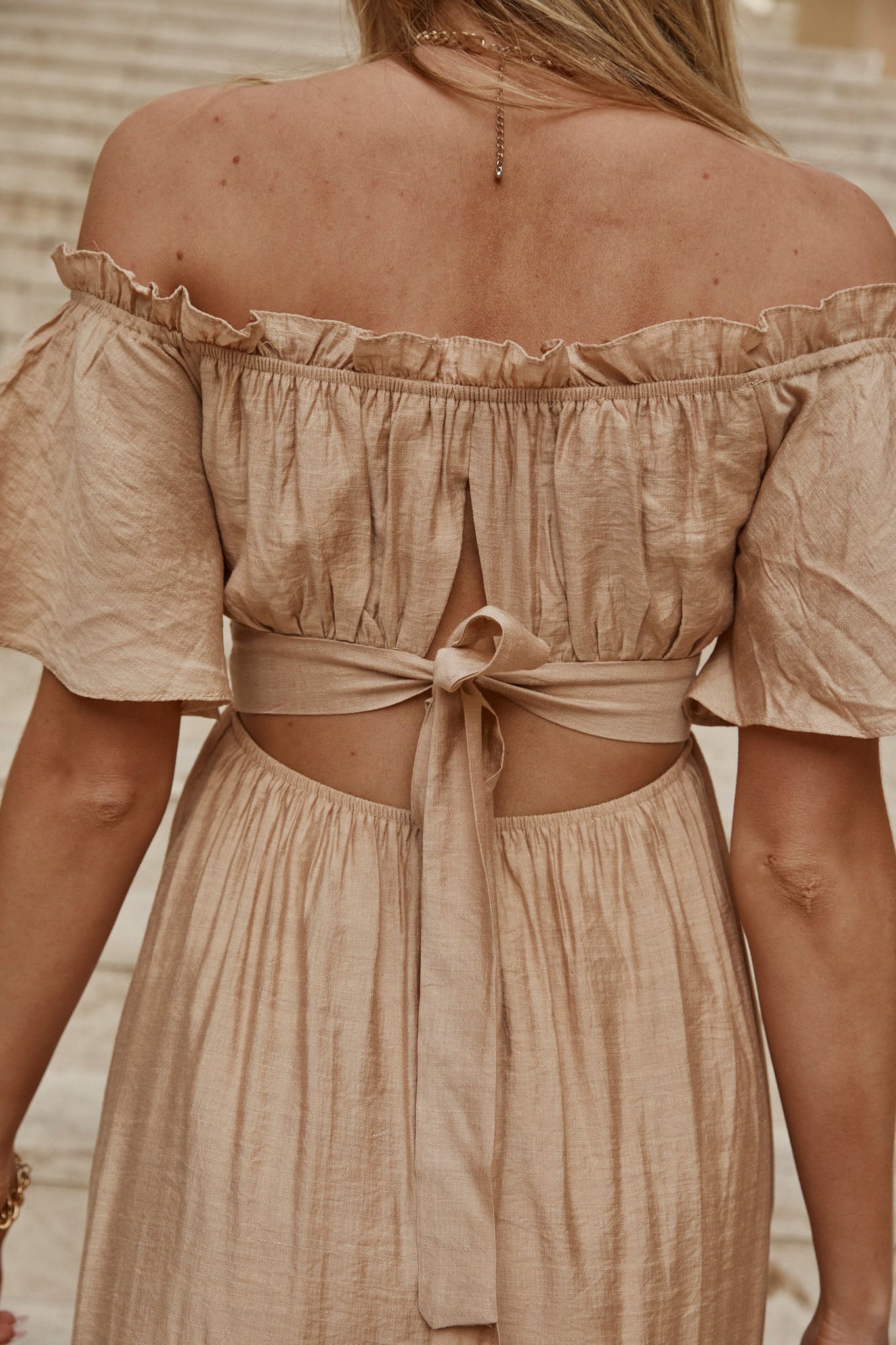 Dandelion Off-Shoulder Tied Back Midi Dress Sand
