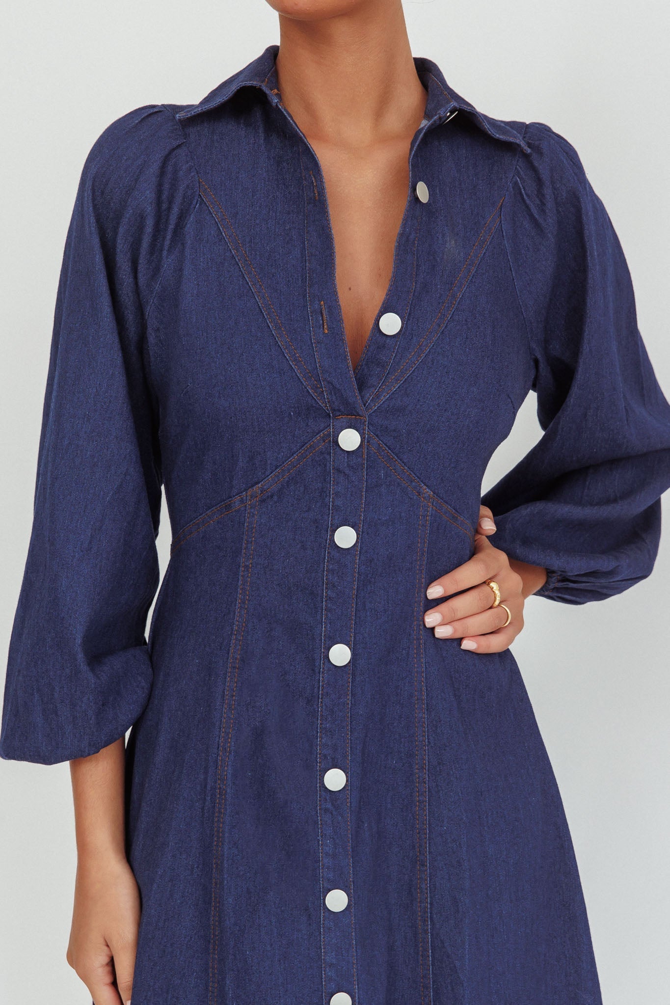 Ania Long Balloon Style Midi Dress Dark Denim