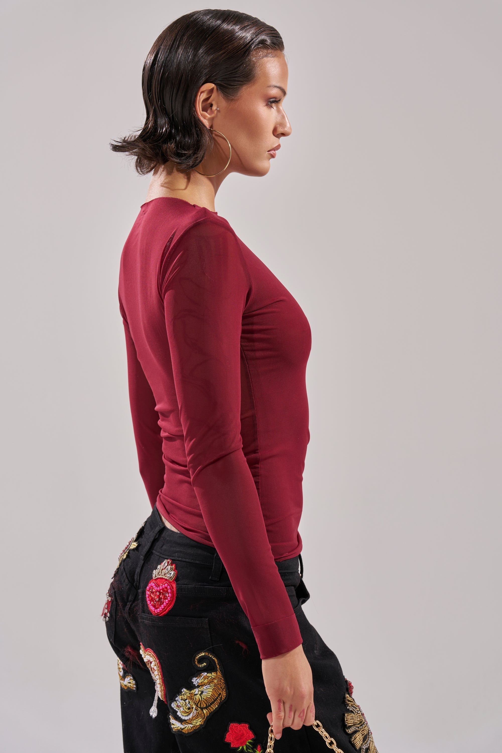 PAXTON DOUBLE LINED MESH LONG SLEEVE TOP IN PLUM