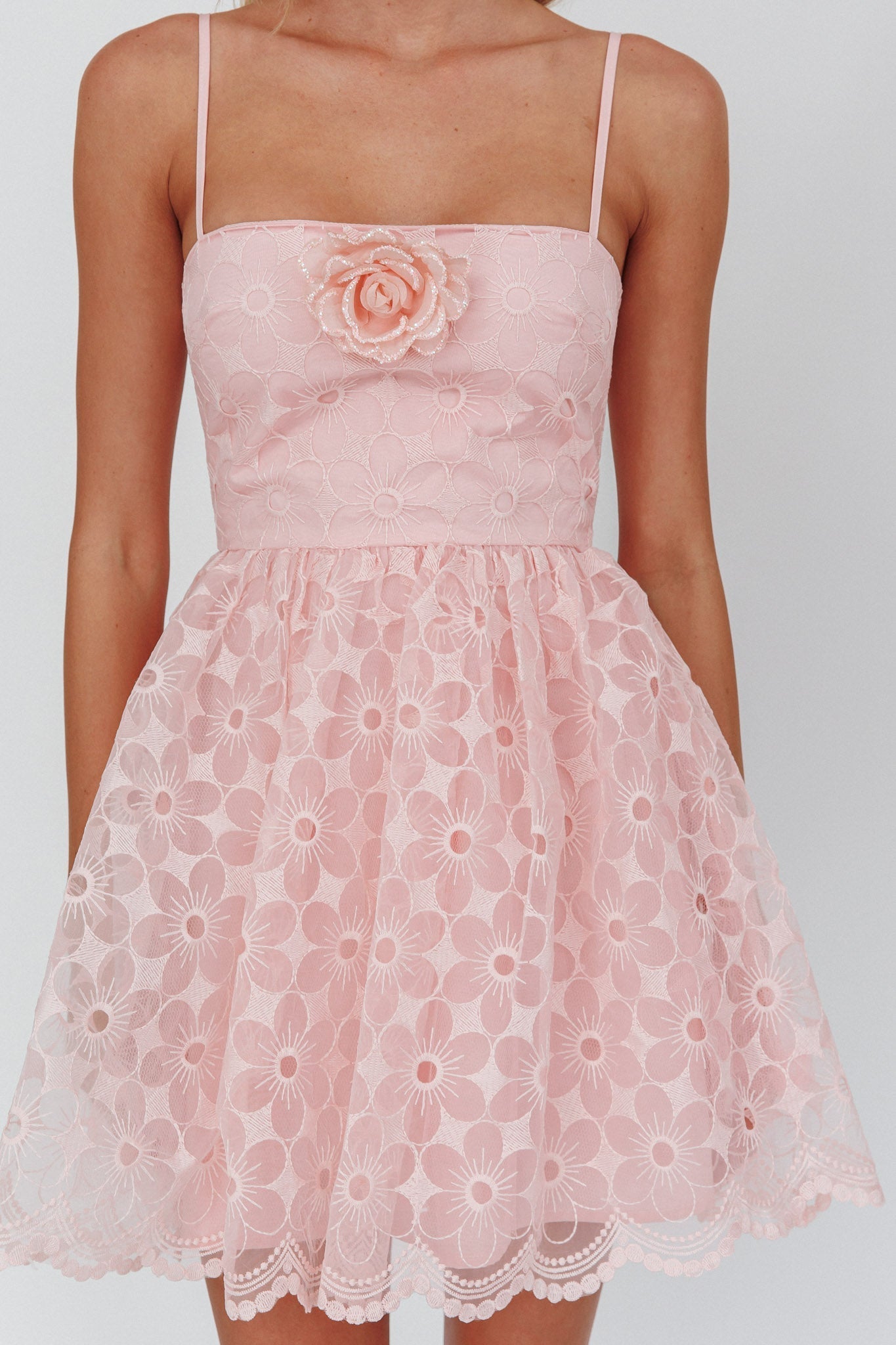 Bahia A-Line Square Neckline Mini Dress Lace Blush