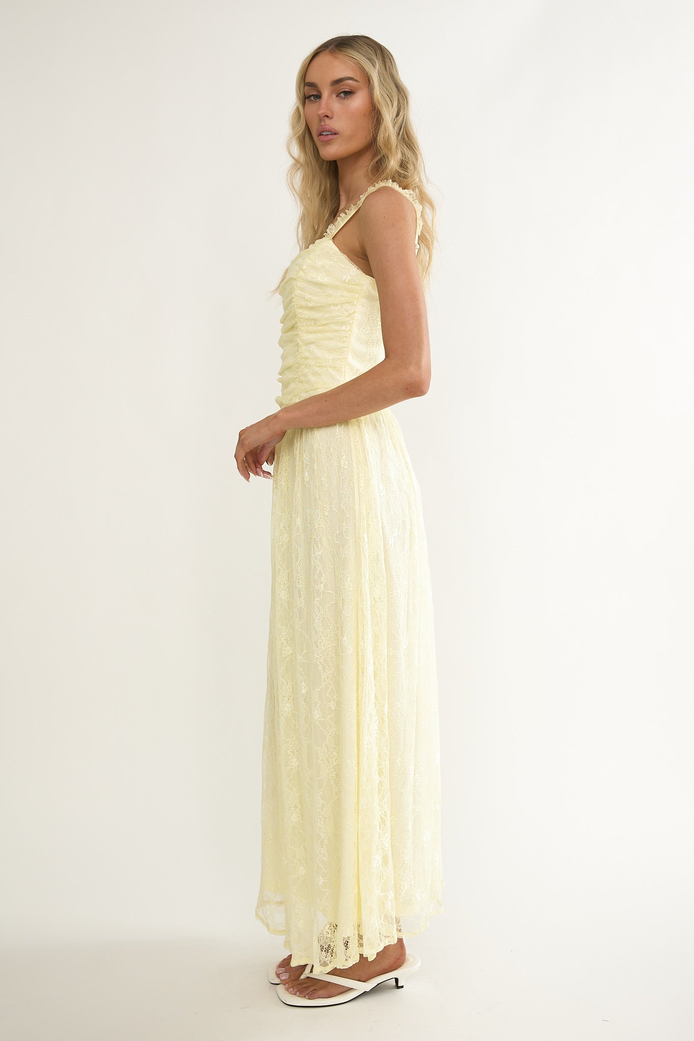 Dahlin Frill Strap Lace Overlay Maxi Dress Butter