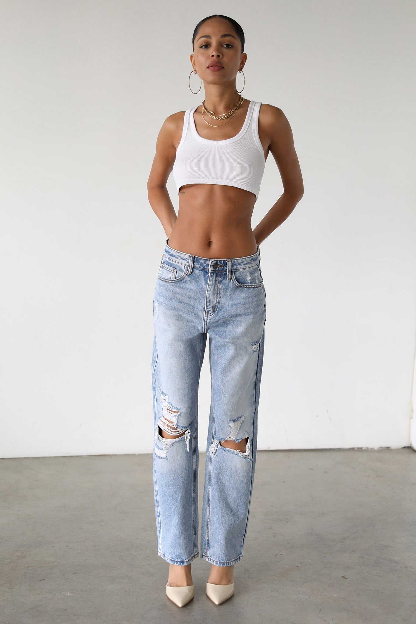 DOGMA High Rise Straight Leg Denim Jeans Distressed Light Wash