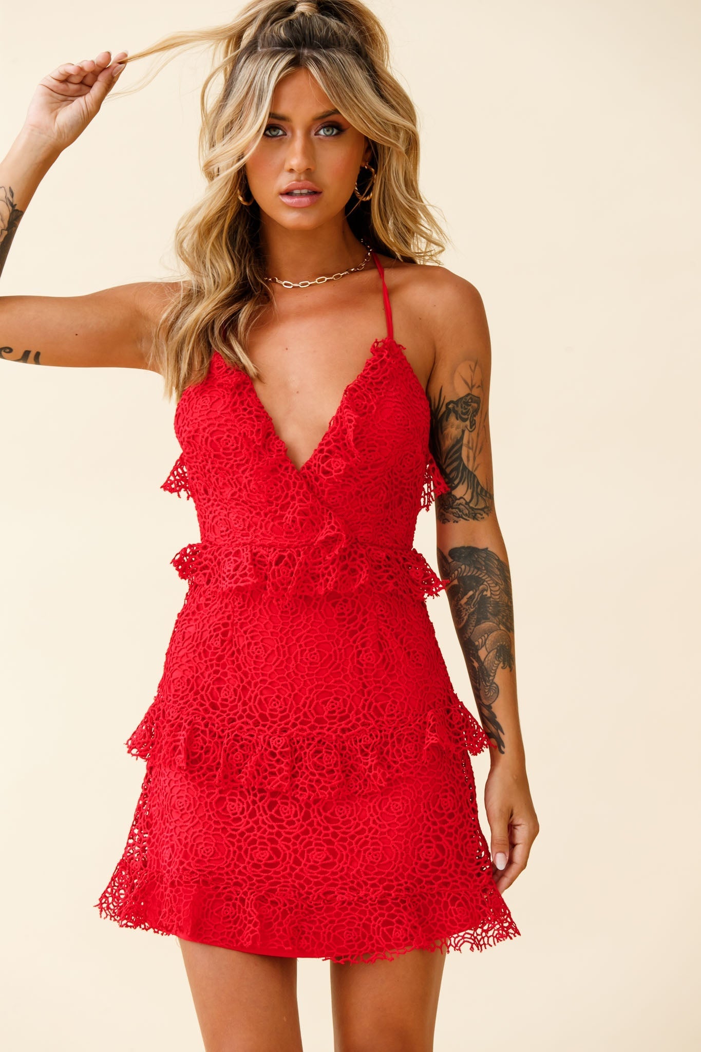 Airlie Halterneck Open Back Lace Dress Red