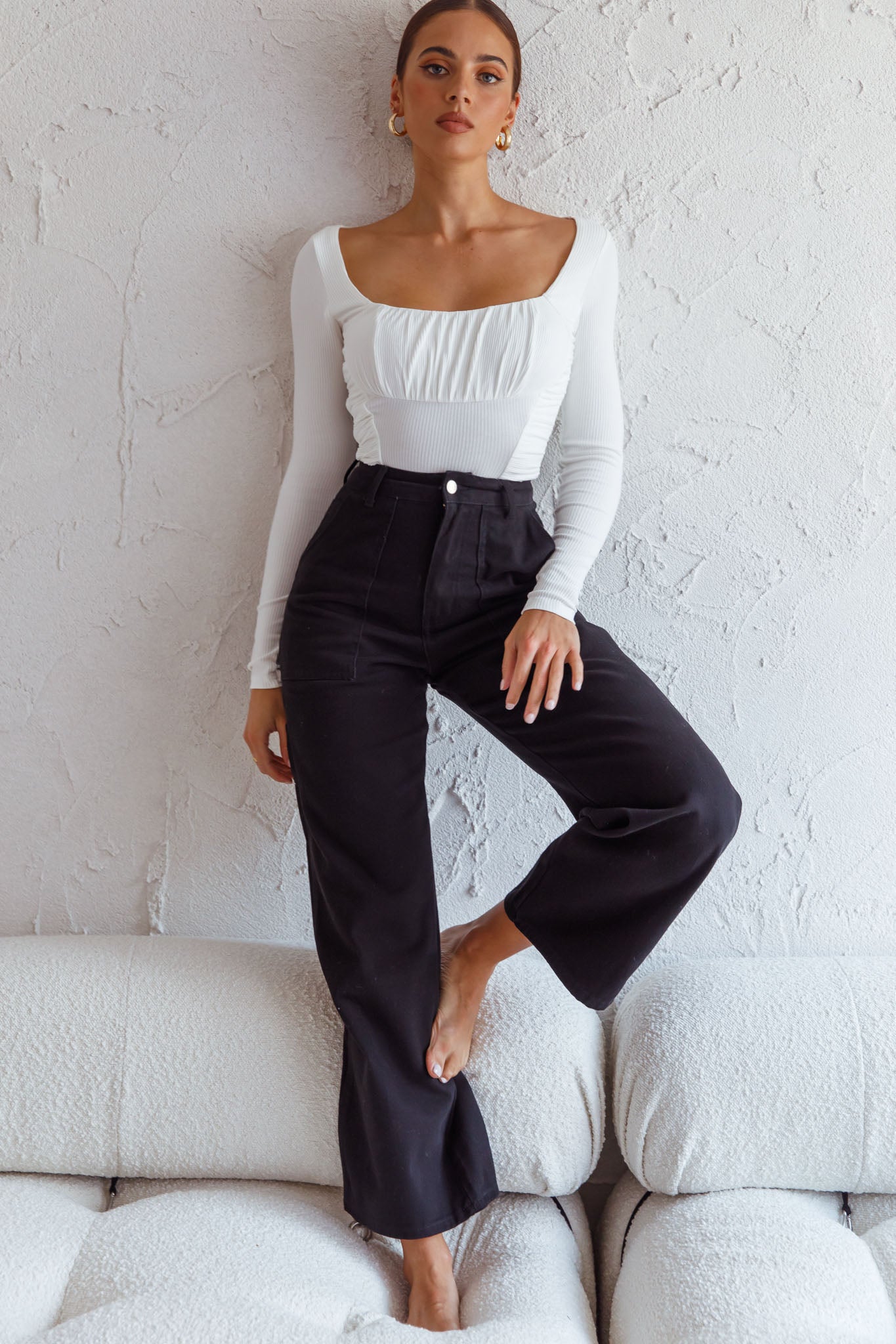 Bobbi Long Sleeve Ruched Side Ribbed Bodysuit White