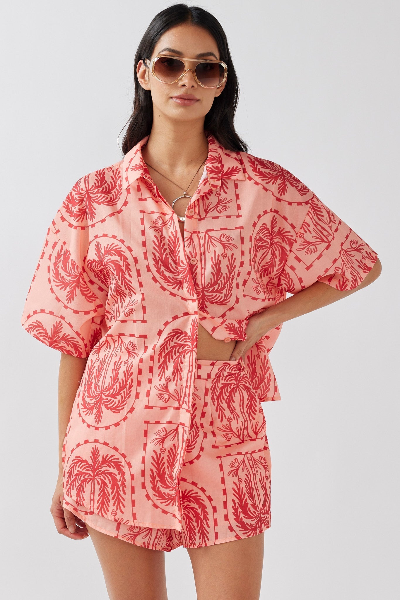Cora Elastic Waist Shorts Print Red Salmon