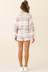 Carlo Long Balloon Sleeve Crop Top Striped Pattern Mocha