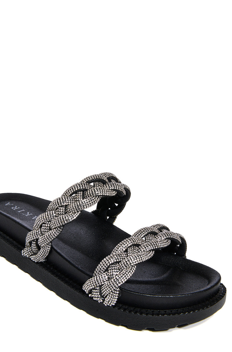 AZALEA WANG NIKOLINA EMBELLISHED FLAT SLIP ON SANDAL IN BLACK