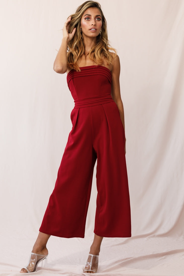 Chosen Strapless Wide Leg Jumpsuit Wine