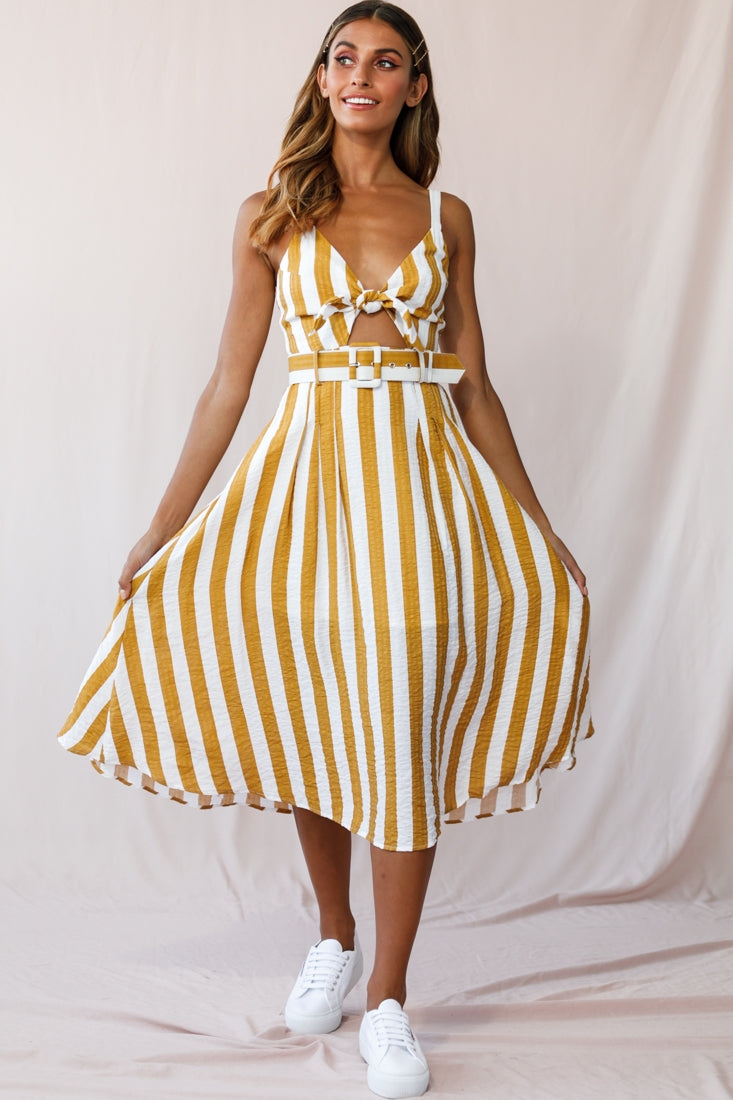 Crystal Tied Knot Belt Midi Dress Mustard