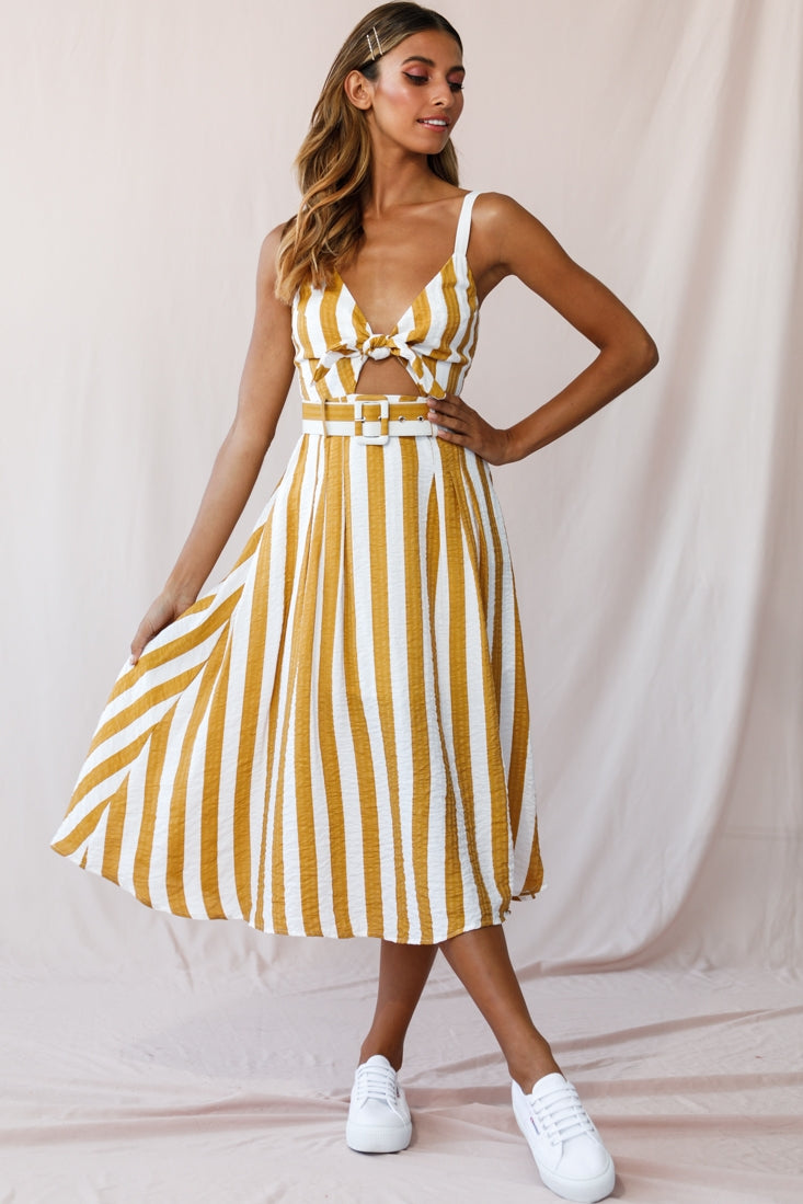 Crystal Tied Knot Belt Midi Dress Mustard