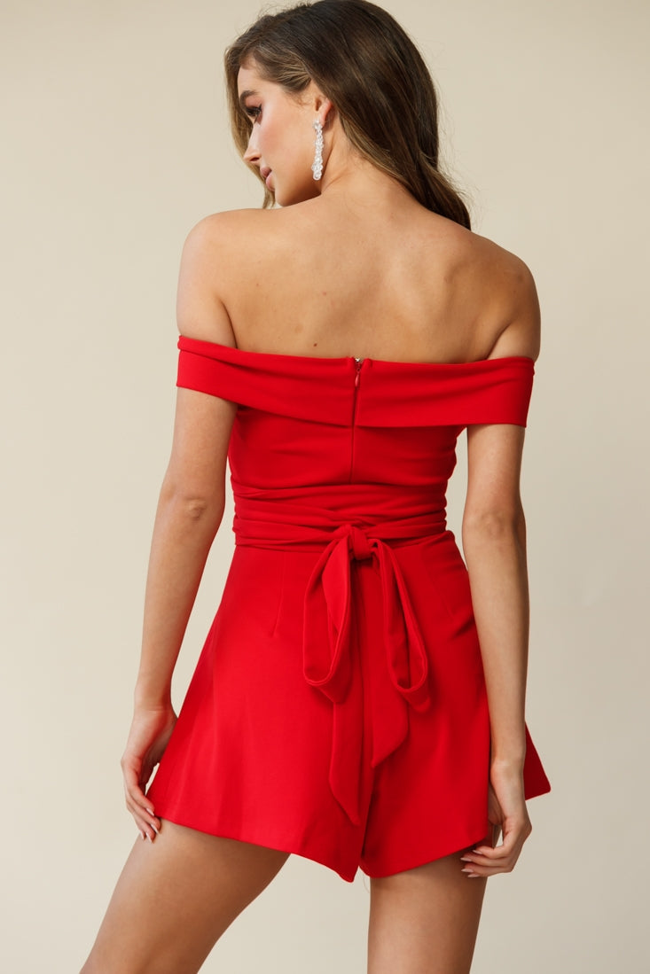 Crossroads Bardot Neckline Wrap Torso Romper Red