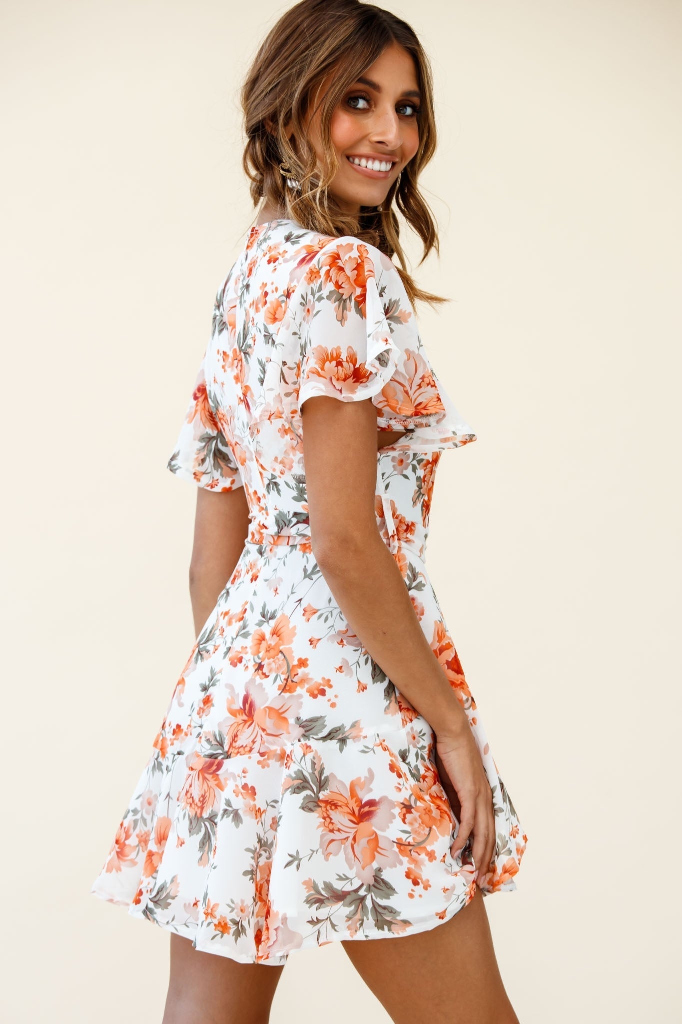 Cami Angel Sleeve Faux Wrap Dress Rose Print Orange